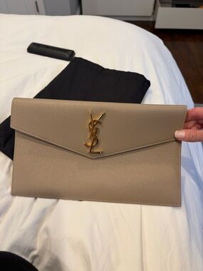 Saint Laurent Taupe Envelope Clutch with Gold YSL Monogram